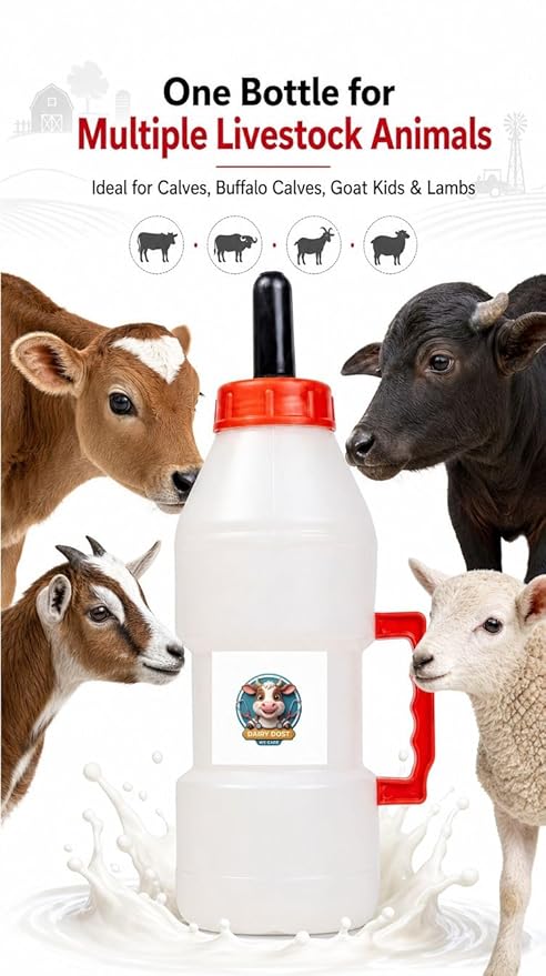 Calf Feeding Bottle 2.5L with Rubber Nipple and Handle | Heavy Duty Livestock Milk Feeder for Cow Buffalo Goat Sheep Dairy Farm Use, Pack of 1