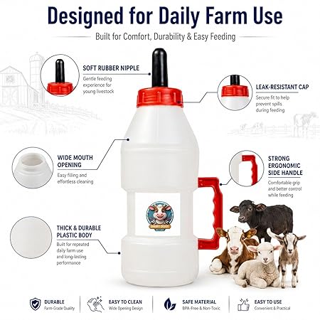 Calf Feeding Bottle 2.5L with Rubber Nipple and Handle | Heavy Duty Livestock Milk Feeder for Cow Buffalo Goat Sheep Dairy Farm Use, Pack of 1