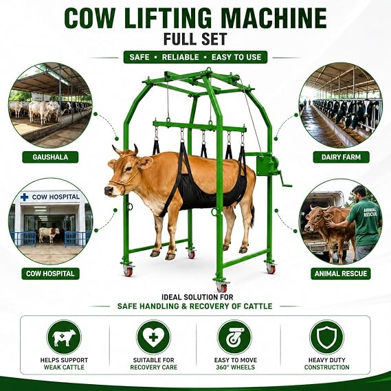 Cow Lifting Machine Full Set with Heavy Duty Gearbox, 1000kg Capacity Animal Lifting Machine, Mild Steel Cattle Standing Assist Hoist for Cow Buffalo Rehabilitation and Handling