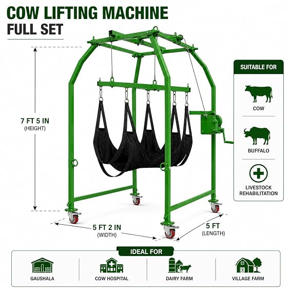 Cow Lifting Machine Full Set with Heavy Duty Gearbox, 1000kg Capacity Animal Lifting Machine, Mild Steel Cattle Standing Assist Hoist for Cow Buffalo Rehabilitation and Handling