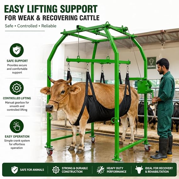 Cow Lifting Machine Full Set with Heavy Duty Gearbox, 1000kg Capacity Animal Lifting Machine, Mild Steel Cattle Standing Assist Hoist for Cow Buffalo Rehabilitation and Handling
