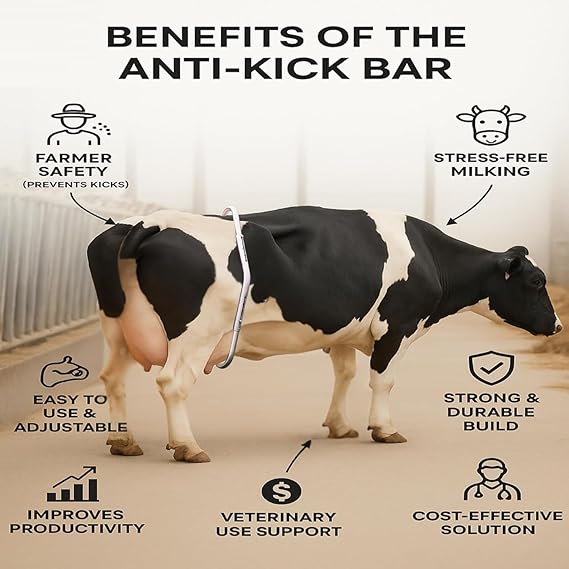 Anti Kick Bar for Cow and Buffalo Adjustable Stainless Steel Milking Safety Bar Heavy Duty Animal Kick Stop Tool with Rubber Padded Ends | Adjustable push-button locking system, Rust-resistant silver finish, Safe milking and veterinary handling