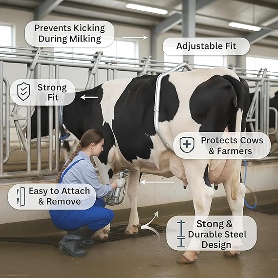 Anti Kick Bar for Cow and Buffalo Adjustable Stainless Steel Milking Safety Bar Heavy Duty Animal Kick Stop Tool with Rubber Padded Ends | Adjustable push-button locking system, Rust-resistant silver finish, Safe milking and veterinary handling